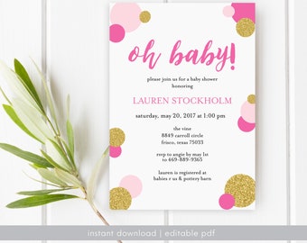 Printable Baby Shower Invitation, Editable, Pink & Gold, Glitter, Polka Dots, Pink Baby Shower, Invites, Baby Girl, PDF, Instant Download