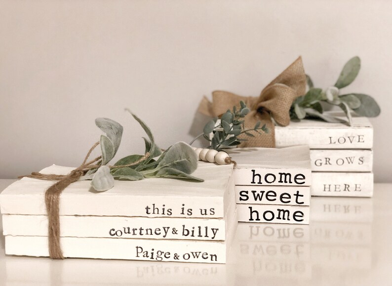 Personalized Name Decor // Vintage Custom Book Decor // Personalized Books // Custom Books Stacks // Farmhouse Decor // hand stamped books