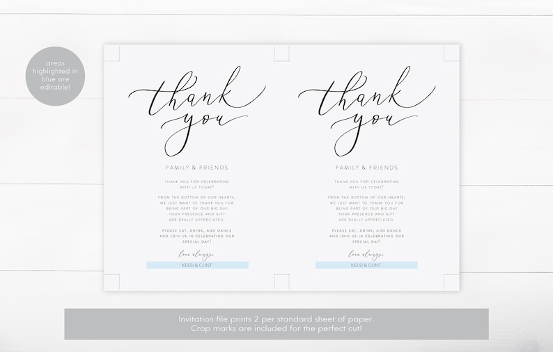 Wedding Thank You Note Template, Wedding Table Thank You, Editable Thank You Card, Reception Thank You Cards, DIY, Guest Thank You, image 2
