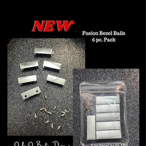 May include: A pack of six silver fusion bezel bails and twelve silver set screws. The package is labeled "Fusion Bezel Bails 6 pc. Pack" and "6 pc bezel bails and 12 pc. set screws".