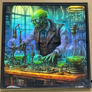Holographic 12”x12”Framed Zombie Apocalyptic Steampunk inspired gift Ai generated framed print.