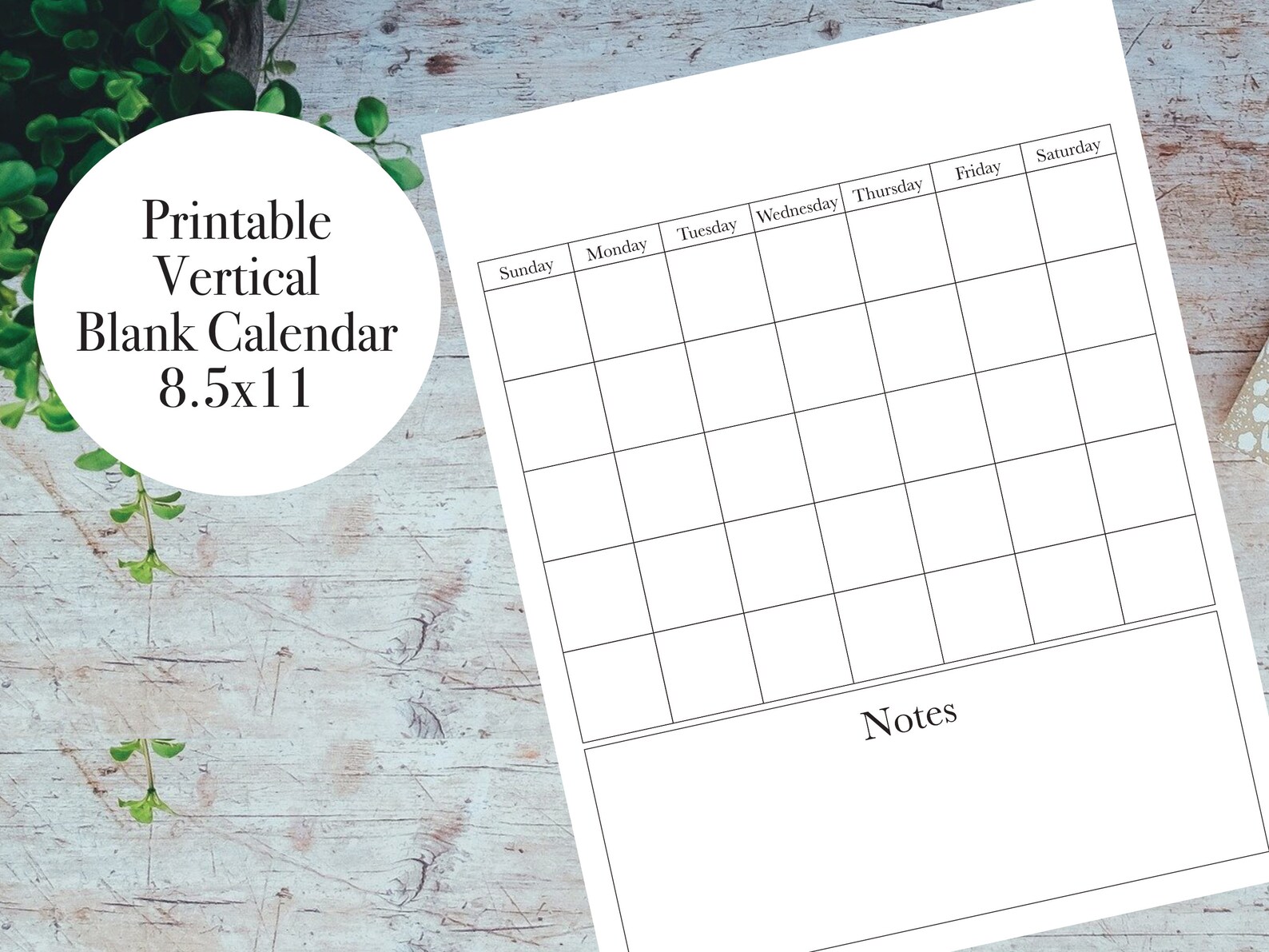 Printable Blank Calendar Vertical Calendar 8.5x11 Calendar | Etsy