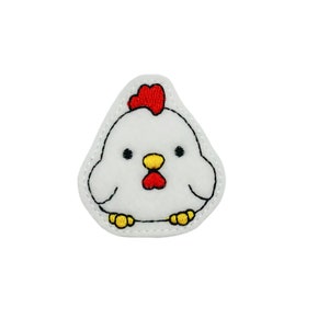 May include: White felt embroidered patch of a cartoon chicken with a red comb and yellow beak.