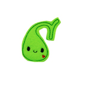 May include: A green felt applique of a cartoon gallbladder with a smiling face and a red heart.