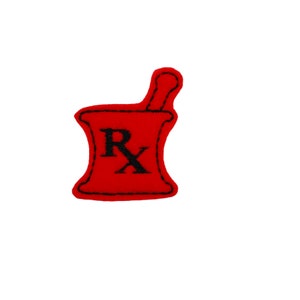 May include: Red felt patch with a black outline in the shape of a mortar and pestle with the letter "Rx" inside.