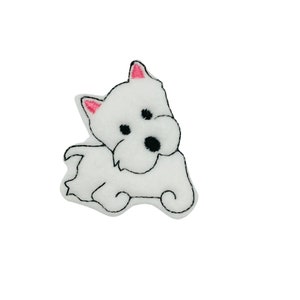 May include: White felt applique of a white West Highland Terrier dog with black eyes and pink ears.