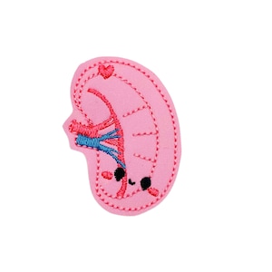 May include: Pink felt embroidered patch of a cartoon kidney with red and blue veins. The kidney has a cute face with black eyes and a small mouth.
