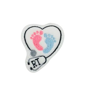 May include: White embroidered patch with a heart shape containing two footprints, one pink and one blue, and a stethoscope with the letters "RT" on it.