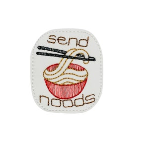 May include: White embroidered patch with red and black stitching. The patch features a bowl of noodles with chopsticks and the text "send noodles".