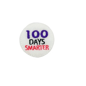 May include: White circle patch with purple embroidered text "100 DAYS" and black embroidered text "SMARTER" with red embroidered text.