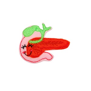 May include: Embroidered felt patch of a smiling pancreas and gallbladder. The pancreas is red and the gallbladder is green.