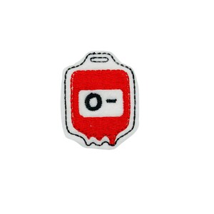 May include: Red embroidered blood bag patch with a white label that says "O-".