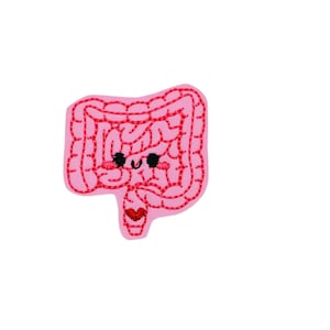 May include: A pink embroidered patch of a cartoon intestine with a smiling face and a red heart.