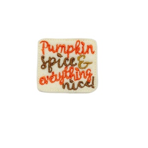 May include: A white felt patch with orange and brown embroidery that reads "Pumpkin Spice & everything nice!"