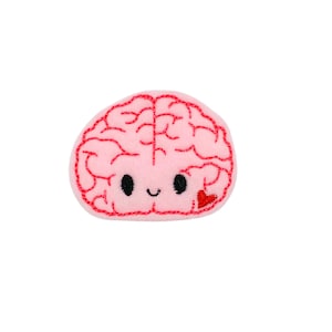 May include: Pink felt brain with red embroidered details, including a heart, and a smiling face.