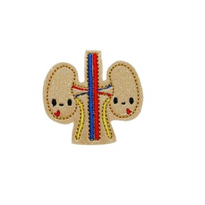 May include: A beige felt patch with an embroidered image of two kidneys with smiling faces. The kidneys are connected by red, blue, and yellow lines.