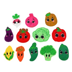 May include: Set of 11 embroidered felt patches featuring various vegetables with cute faces. The patches are in various colors, including green, red, orange, yellow, purple, and brown.