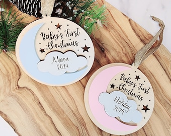 Personalized Baby's First Christmas Ornament, Moon and Cloud Keepsake
