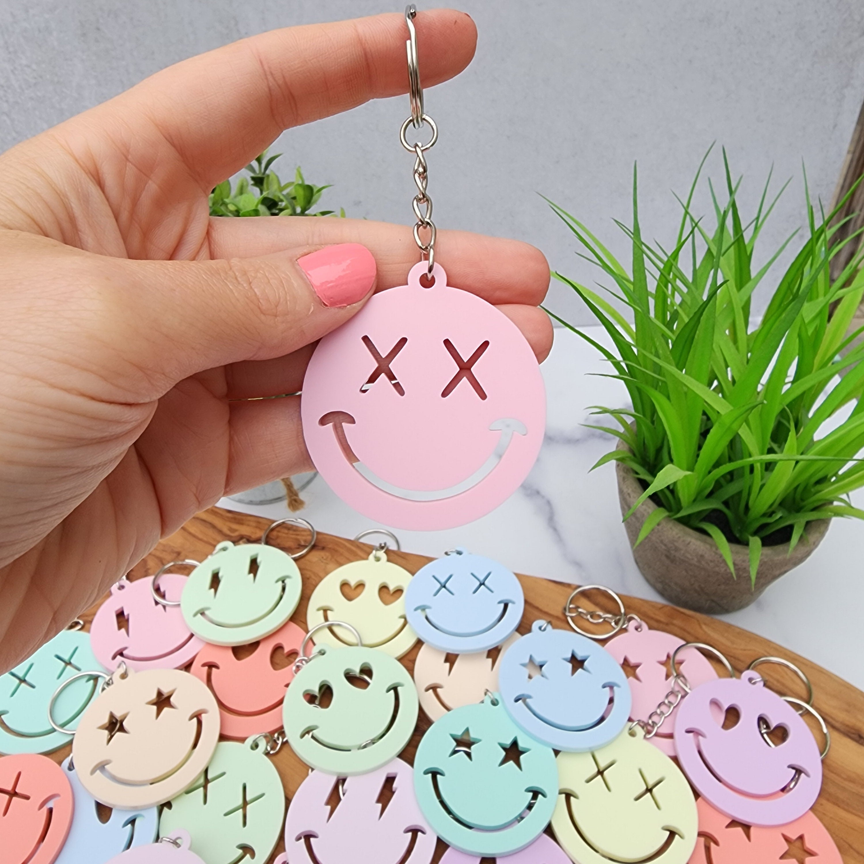Smiley Face Acrylic Keychain: Cheerful Backpack Tag & Keyring - Etsy
