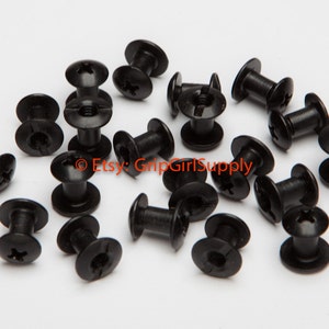 May include: A close-up of 18 black screw-in standoffs. The standoffs are made of metal and have a threaded hole in the center. They are commonly used in electronics and other applications where a secure and flush mount is required.