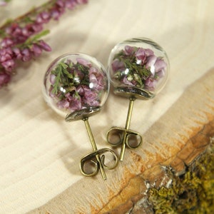 Heather earrings, real flower earrings, terrarium jewelry, glass flower studs, globe stud earrings