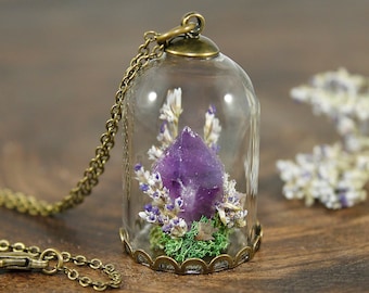 Terrarium necklace, crystal pendant, amethyst necklace, crystal terrarium, moss necklace, crystal terrarium necklace