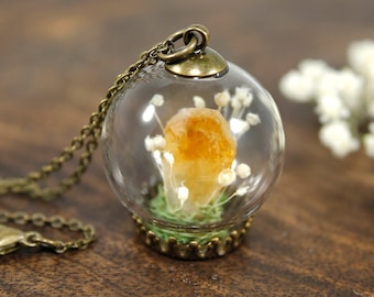 Terrarium necklace, citrine pendant, raw citrine necklace, crystal terrarium, raw crystal pendant
