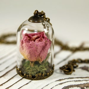 Real rose necklace, rose terrarium pendant, Valentines gift, romantic necklace, rosebud pendant Antiqued brass