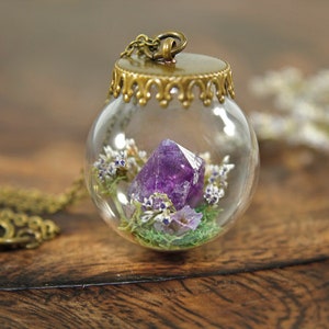 Amethyst Terrarium Necklace Real Purple Flower Pendant Crystal Globe Necklace image 1