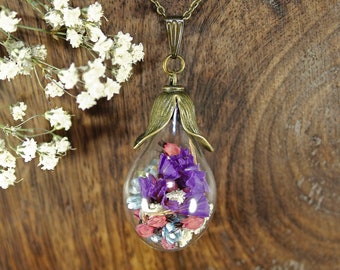 Floral confetti necklace, real flower necklace, terrarium necklace, dried flower pendant, nature jewelry