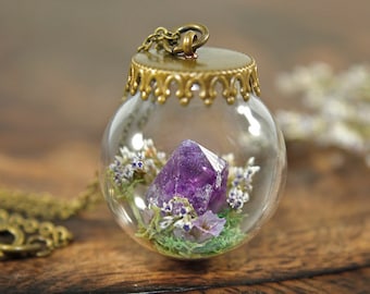 Amethyst Terrarium Necklace - Real Purple Flower Pendant - Crystal Globe Necklace