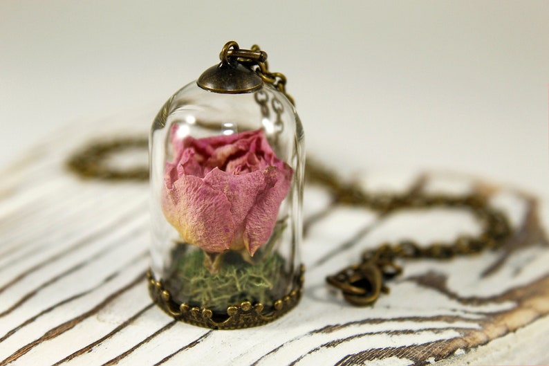 Real rose necklace, rose terrarium pendant, Valentines gift, romantic necklace, rosebud pendant Antiqued brass