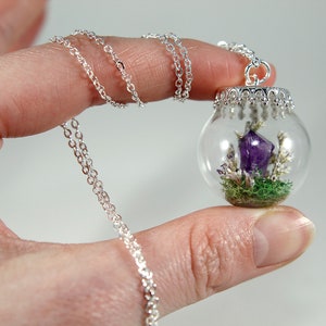 Amethyst Terrarium Necklace Real Purple Flower Pendant Crystal Globe Necklace image 4