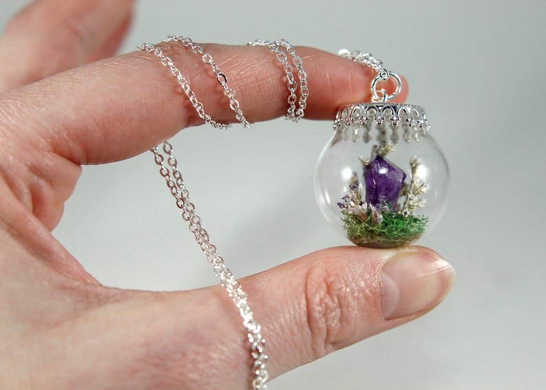 Amethyst Terrarium Necklace Real Purple Flower Pendant Crystal Globe Necklace image 4