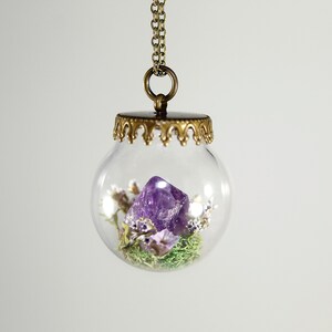 Amethyst Terrarium Necklace Real Purple Flower Pendant Crystal Globe Necklace image 5