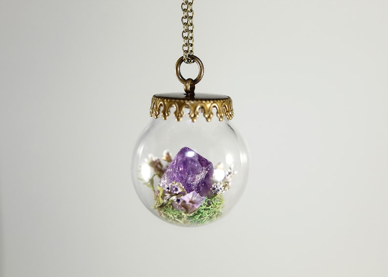 Amethyst Terrarium Necklace Real Purple Flower Pendant Crystal Globe Necklace Antiqued Brass