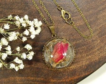 Valentines gift, real rose necklace, romantic gift, rose pendant, dandelion wish necklace, terrarium necklace