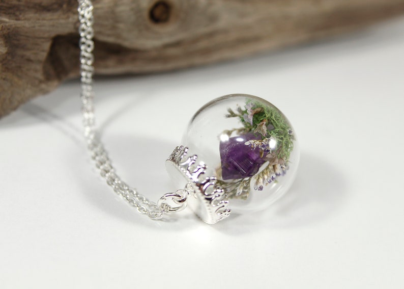 Amethyst Terrarium Necklace Real Purple Flower Pendant Crystal Globe Necklace image 8