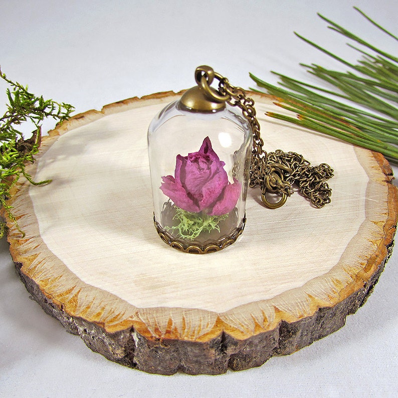 Real rose necklace, rose terrarium pendant, Valentines gift, romantic necklace, rosebud pendant image 5