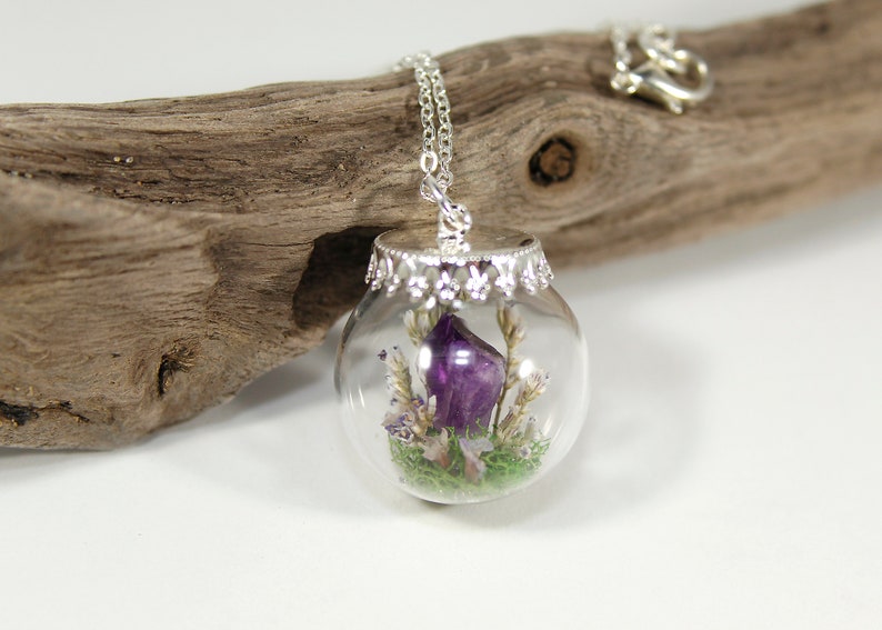 Amethyst Terrarium Necklace Real Purple Flower Pendant Crystal Globe Necklace image 10