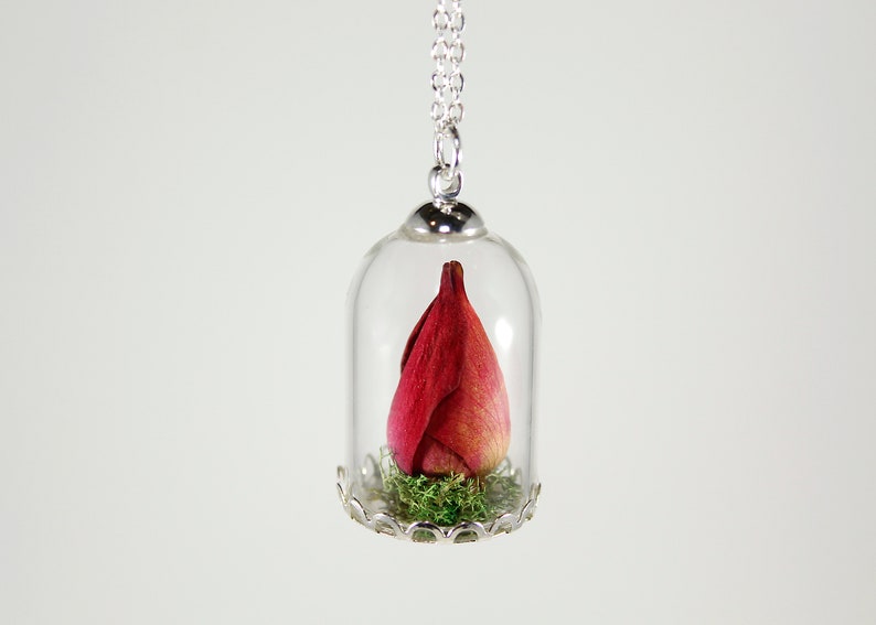 Real rose necklace, rose terrarium pendant, Valentines gift, romantic necklace, rosebud pendant Silver tone