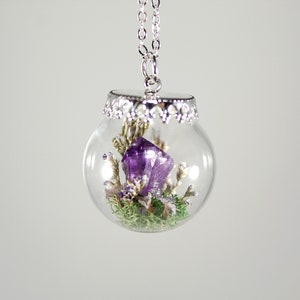 Amethyst Terrarium Necklace Real Purple Flower Pendant Crystal Globe Necklace Silver