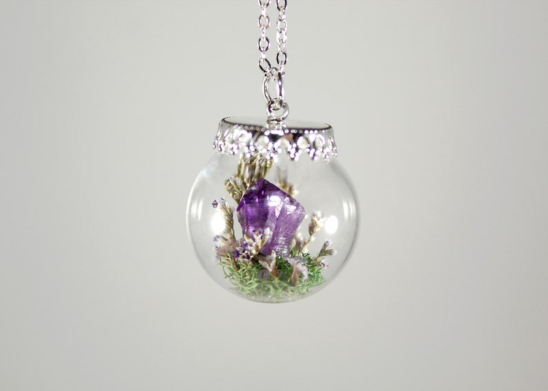 Amethyst Terrarium Necklace Real Purple Flower Pendant Crystal Globe Necklace image 6
