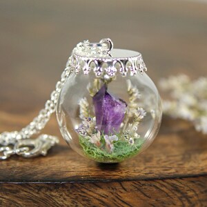 Amethyst Terrarium Necklace Real Purple Flower Pendant Crystal Globe Necklace image 2