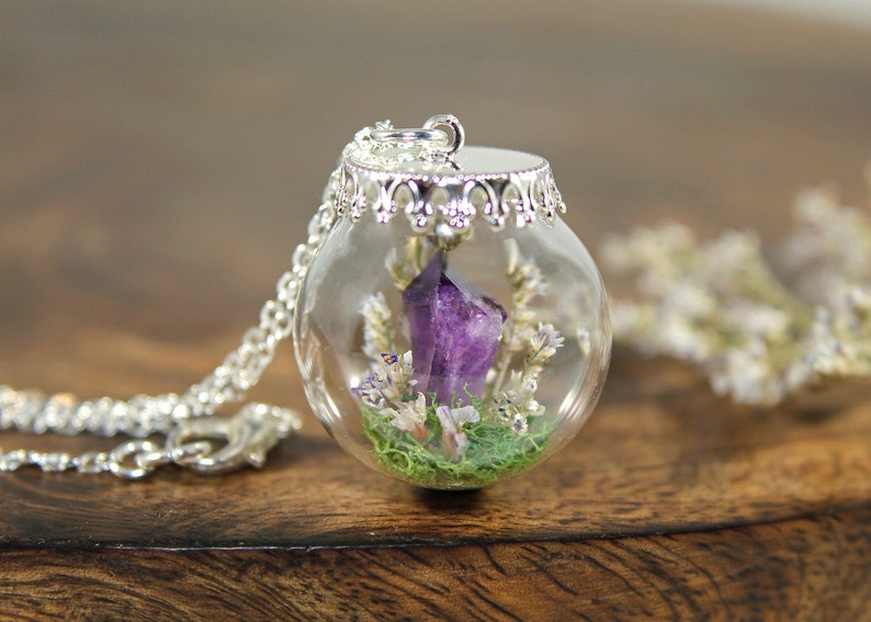 Amethyst Terrarium Necklace Real Purple Flower Pendant Crystal Globe Necklace image 2