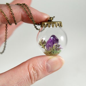Amethyst Terrarium Necklace Real Purple Flower Pendant Crystal Globe Necklace image 3