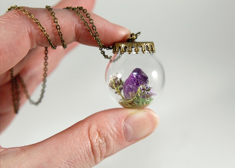 Amethyst Terrarium Necklace Real Purple Flower Pendant Crystal Globe Necklace image 3