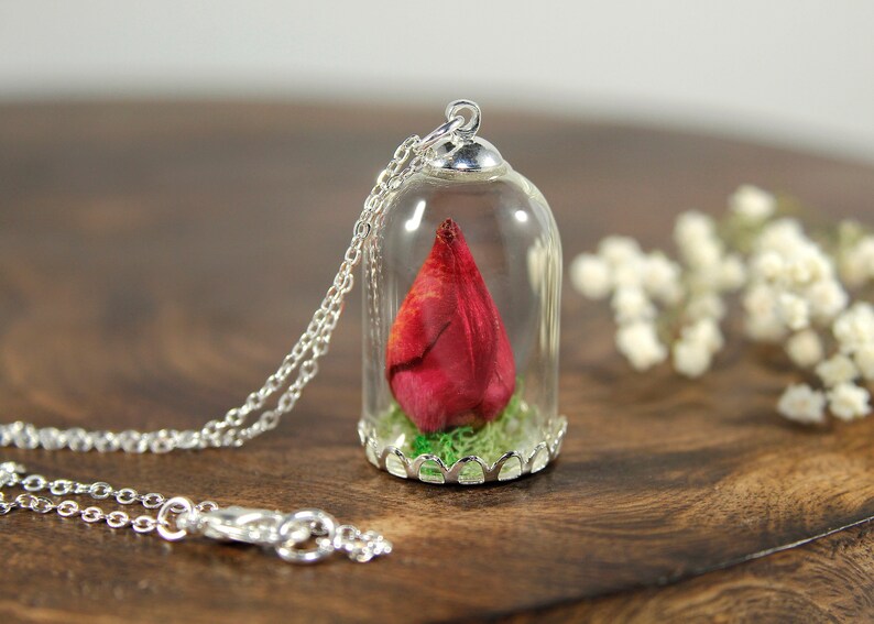 Real rose necklace, rose terrarium pendant, Valentines gift, romantic necklace, rosebud pendant image 1