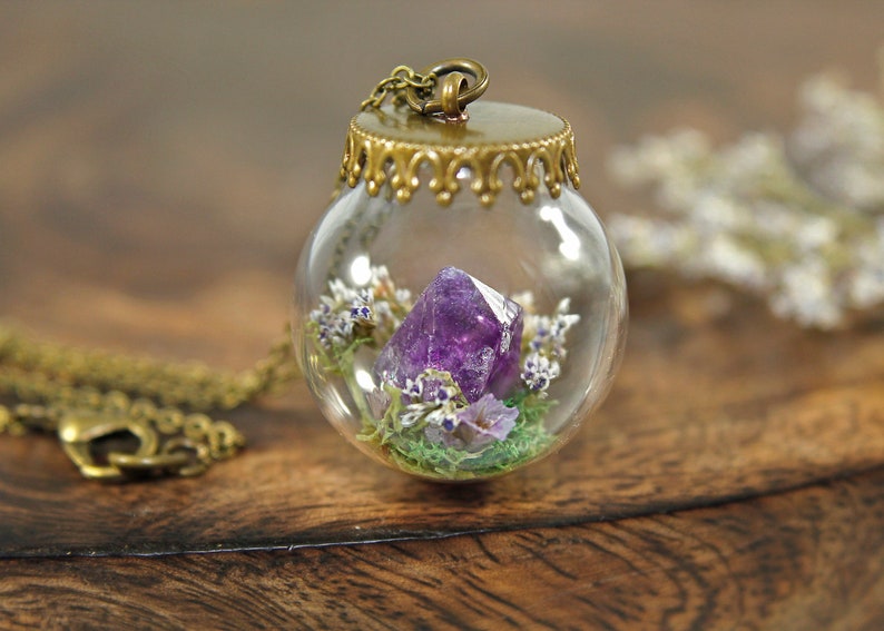 Amethyst Terrarium Necklace Real Purple Flower Pendant Crystal Globe Necklace image 1