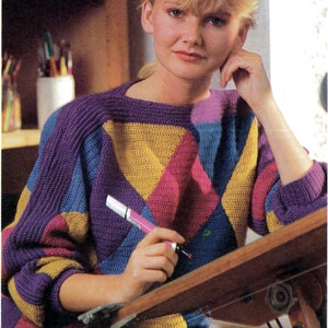 Pattern Only: Vintage Diamond Patchwork Sweater Crochet Pattern 1985 - PDF Download